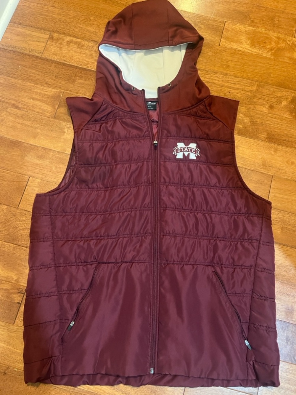 Maroon Puffer Hooded Vest with 'State' Logo XXL